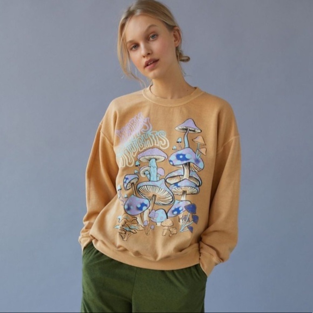 Project Social T Tan Sweatshirt with Blue Mushroom Design